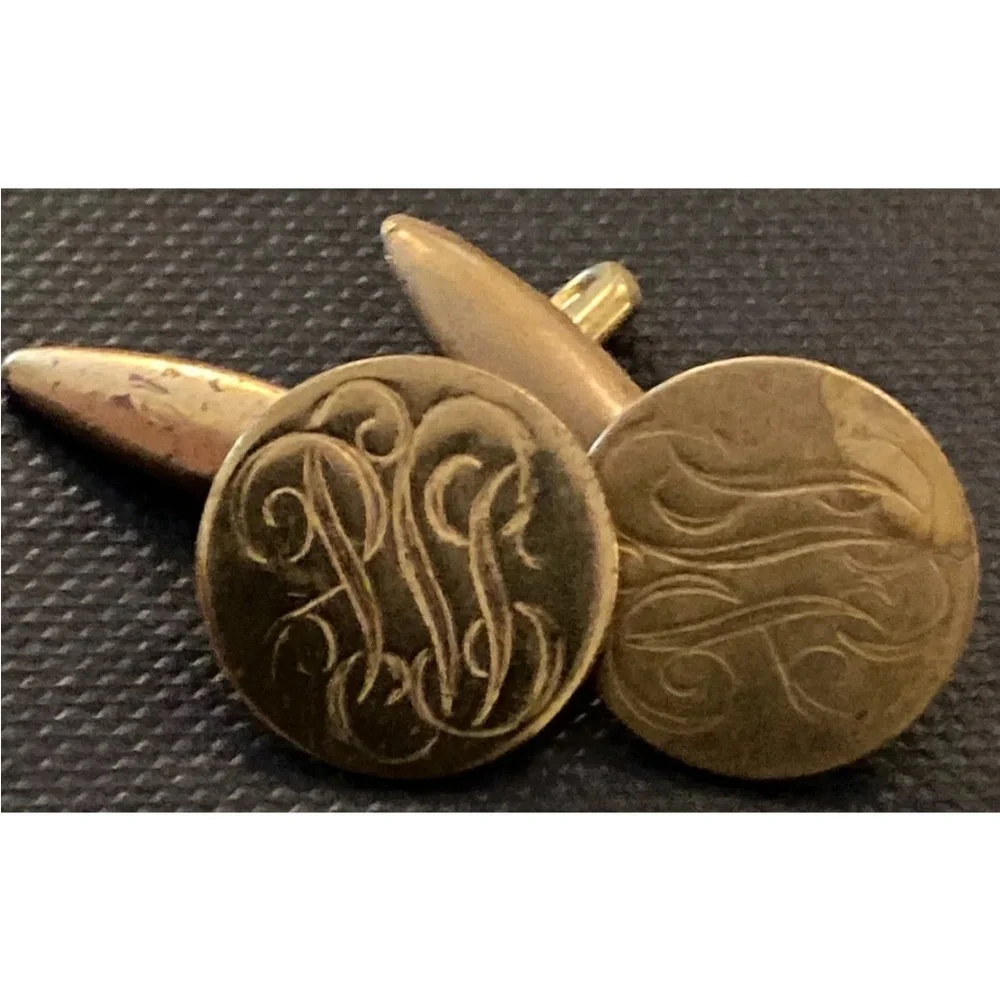 Vintage Art Deco Engraved Cufflinks Bronze Plate Gold Color Estate